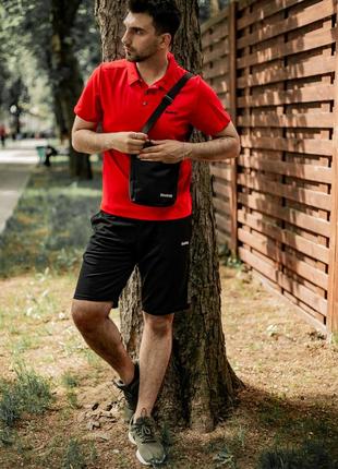 Чоловічий літній костюм reebok футболка поло + шорти + барсетка в подарунок червоний із чорним комплект рибок (bon)