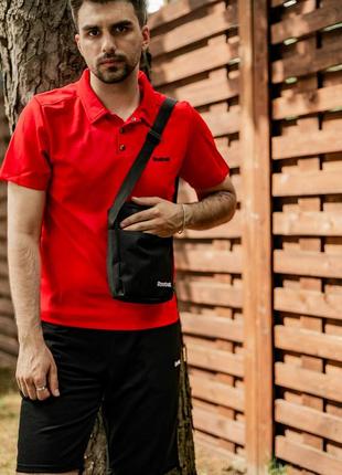 Мужской летний костюм reebok футболка поло + шорты + барсетка в подарок красный с черным комплект рибок (bon)9 фото