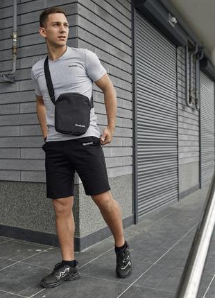 Чоловічий літній костюм reebok футболка + шорти + барсетка в подарунок сірий із чорним комплект рибок (bon)
