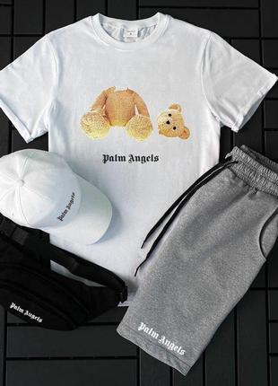 Мужской летний костюм palm angels с медведем футболка + шорты + кепка + барсетка белый с серым палм ангелс