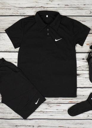 Чоловічий літній костюм nike 5в1 футболка поло + шорти + кепка + барсетка + шкарпетки чорний найк (bon)