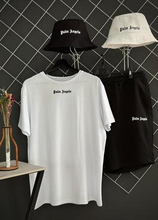 Чоловічий літній костюм 3в1 palm angels футболка + шорти + панамка комплект палм енджелс на літо білий із чорним (bon)