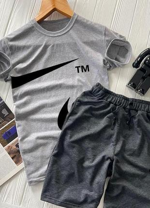 Мужской летний костюм футболка + шорты nike big swoosh темно-серый комплект найк (bon)