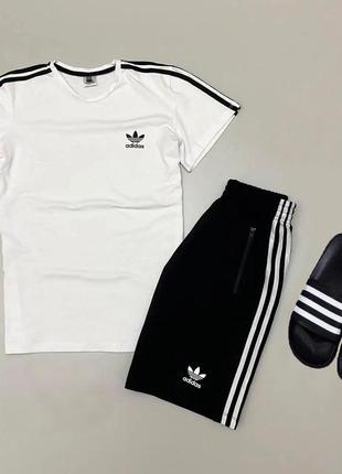 Чоловічий літній костюм adidas футболка + шорти + шльопанці адідас білий із чорним на літо (bon)