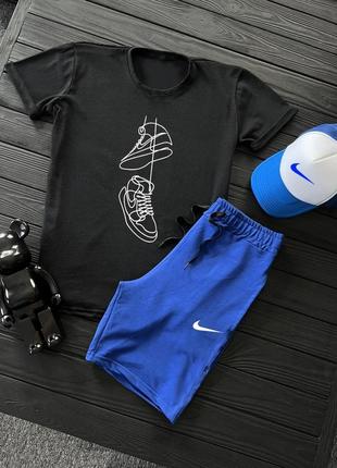 Чоловічий літній костюм nike футболка + шорти чорний із синім комплект найк на літо (bon)