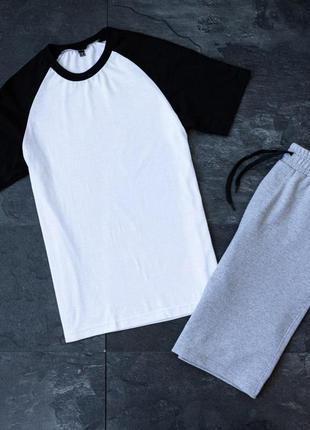 Мужской летний костюм футболка + шорты белый с черным спортивный комплект на лето (bon)