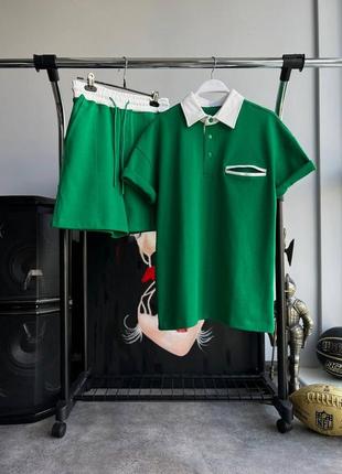 Мужской летний оверсайз костюм футболка + шорты зеленый с белым комплект на лето из хлопка (bon)