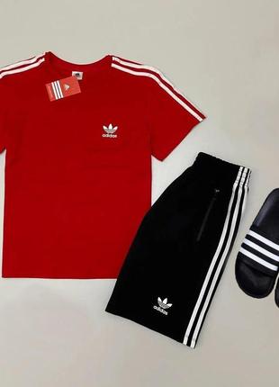 Чоловічий літній костюм adidas футболка + шорти + шльопанці адідас червоний із чорним на літо (bon)