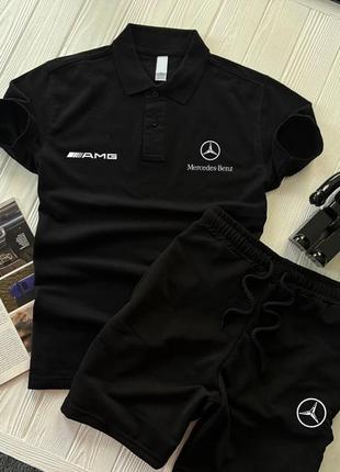 Чоловічий літній костюм шорти + футболка поло mercedes amg синій із чорним комплектом на літо мерседес (bon)2 фото