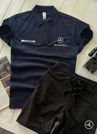 Чоловічий літній костюм шорти + футболка поло mercedes amg синій із чорним комплектом на літо мерседес (bon)