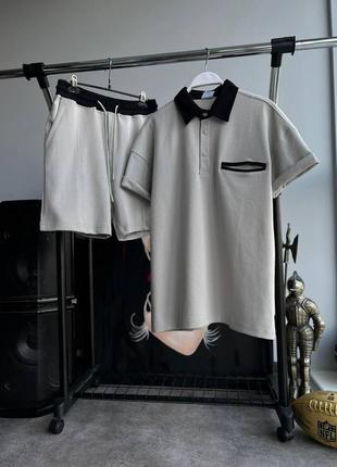 Мужской летний оверсайз костюм футболка + шорты серый с черным комплект на лето из хлопка (bon)