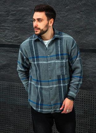 Мужская кашемировая рубашка оверсайз серая с синим в клетку теплая байка (bon)1 фото