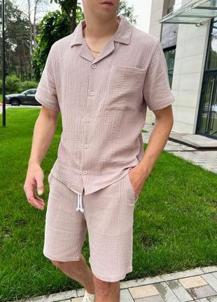Мужской летний комплект рубашка + шорты из муслина бежевый костюм на лето повседневный (bon)