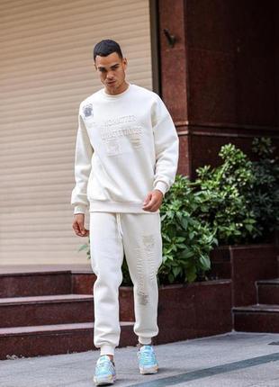 Чоловічий спортивний костюм білий без капюшона з принтом весняних осіннів (bon)9 фото