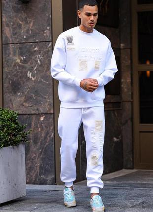 Чоловічий спортивний костюм білий без капюшона з принтом весняних осіннів (bon)2 фото