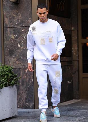 Мужской спортивный костюм белый без капюшона с принтом весенний осенний (bon)