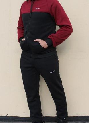 Чоловічий зимовий спортивний костюм nike чорний із бордовим найк із капюшоном на блискавці (bon)