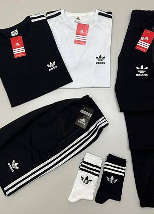 Мужской летний костюм adidas футболка и шорты и штаны 4в1 адидас комплект черный носки в подарок (bon)