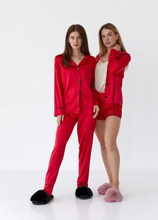 Женская пижама. комплект тройка (рубашка с длинным рукавом, штаны, шорты). цвет красный.