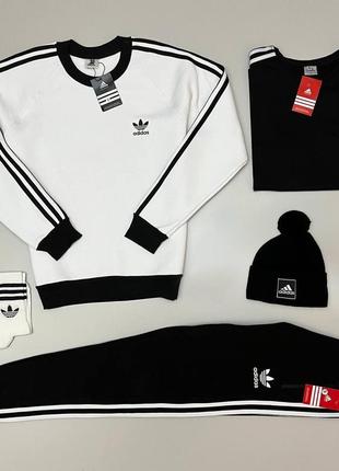 Мужской зимний спортивный костюм adidas черный на флисе | комплект адидас свитшот + штаны + футболка + шапка