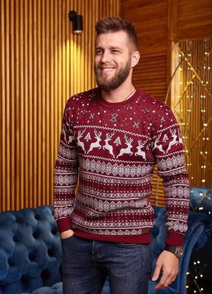 Мужской новогодний свитер с оленями бордовый без горла шерстяной (bon)