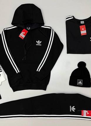 Мужской утепленный спортивный костюм adidas 5в1 черный с капюшоном | комплект зимний адидас худи и штаны (bon)