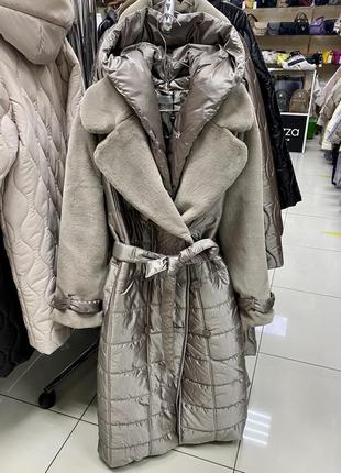 Alberto bini пальто зимове стьобане пальто сіро-бежеве довге зимове пальто з капюшоном1 фото