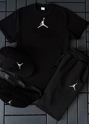 Чоловічий літній костюм jordan футболка + шорти + кепка + барсетка в подарунок чорний комплект джордан (bon)1 фото