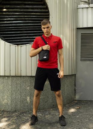 Мужской летний костюм the north face футболка поло + шорты + барсетка в подарок красный комплект зе норд фейс