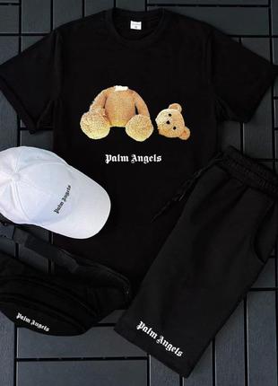 Мужской летний костюм palm angels с медведем футболка + шорты + кепка + барсетка черный палм ангелс (bon)