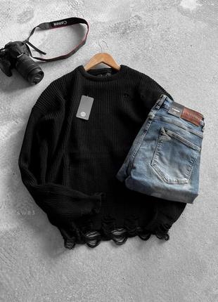 Мужской рваный свитер оверсайз черный шерстяной теплый кофта с дырками на зиму без горла (bon)