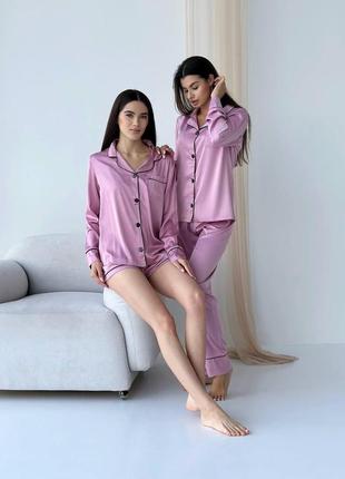 Жіноча піжама шовк армані. комплект трійка (сорочка з довгим рукавом, штани, шорти). колір темний рожевий.