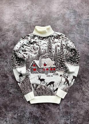 Мужской новогодний свитер с оленями и домиками бордовый с белым с горлом шерстяной3 фото