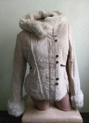 Дубленка. замшевая куртка с капюшоном. бомбер. косуха. натуральная замша. айвори, молочный.