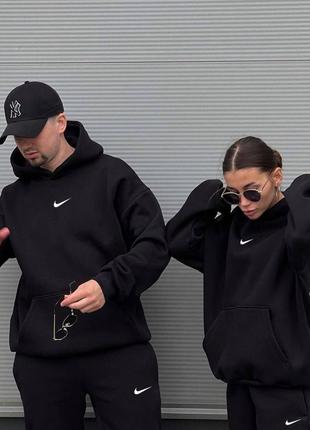 Спортивний теплий на флісі костюм парний nike найк капюшон штани оверсайз прямі широкі джогери кофта толстовка манжет худі довга с світшот3 фото