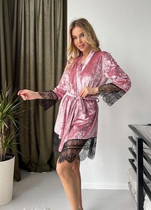 Велюровый комплект халат с пижамой sd-436 фото