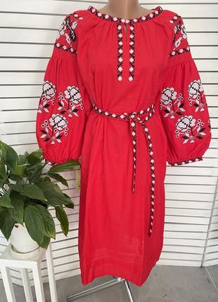 Натуральна сукня міді  з вишивкою вишиванка з кишенями