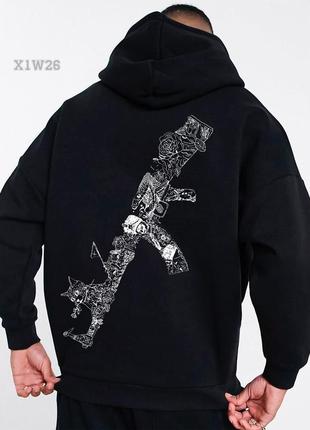 Черный худи мужской оверсайз с принтом