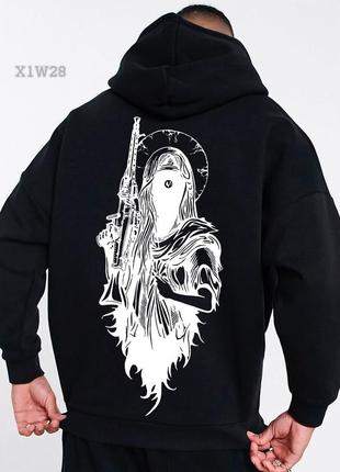 Черный худи мужской оверсайз с принтом