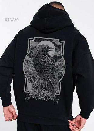 Черный худи мужской оверсайз с принтом