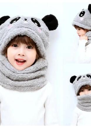 Дитячий снуд панда з вушками (ведмедик) тепла шапка-шарф 2 в 1 (зимова шапка-шолом, балаклава)2 фото
