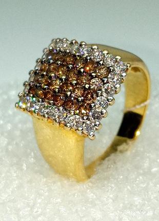 Кольцо каре діаманти коньячные белые бриллиант 0,86ct жёлтое золото 585 17р каблучка
