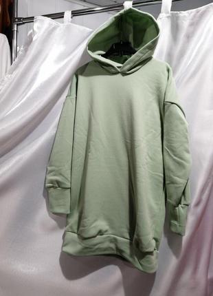 Кофта платье-туника худи тёплая на флисе цвет светлая олива можно носить под пояс ремень размер унив3 фото