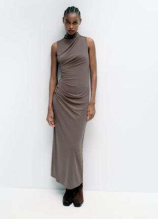 Драпированное коричневое миди платье zara new1 фото