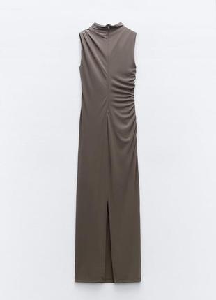 Драпированное коричневое миди платье zara new4 фото