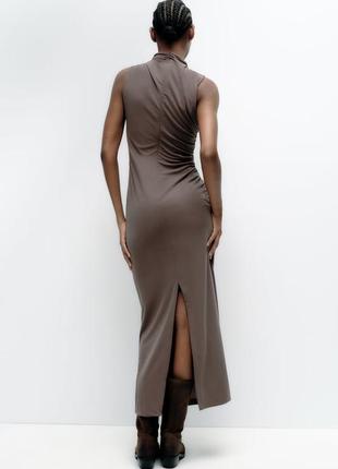 Драпированное коричневое миди платье zara new3 фото