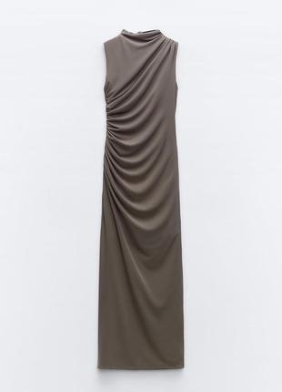 Драпированное коричневое миди платье zara new2 фото