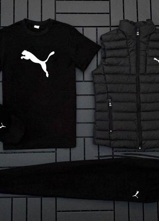 Спортивный комплект утепленный черный 4в1 штаны + футболка + жилетка+кепка