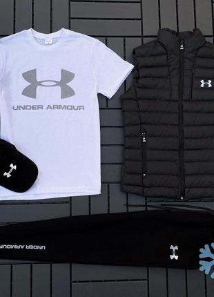 Спортивный комплект утепленный черно-белый 4в1 штаны + футболка+жилетка+кепка1 фото