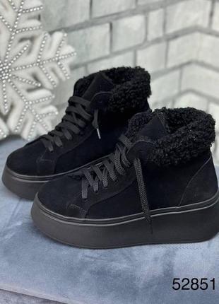 Зимові жіночі замшеві ботинки чорного кольору, трендові жіночі черевики  на шнурівці5 фото